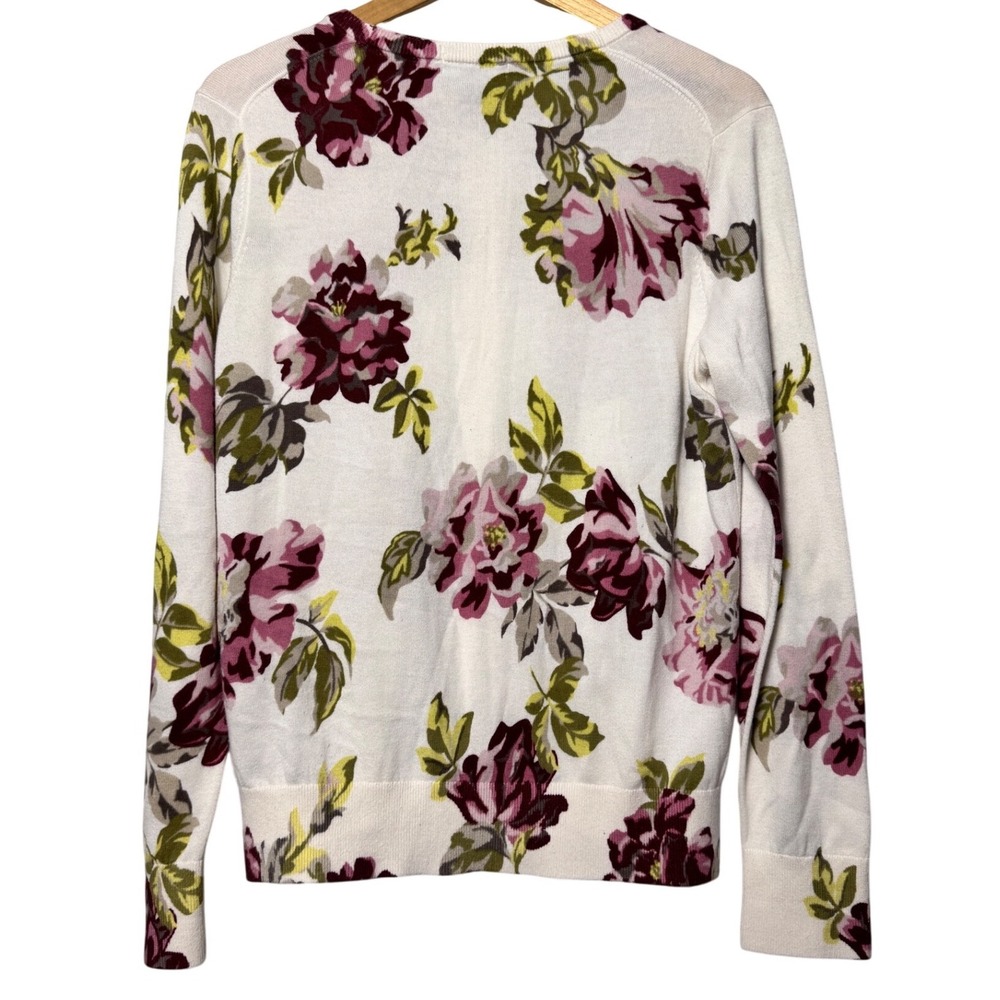 Lands End Floral Cardigan Sweater Womens Medium White Pink Supima Cotton Knit - Picture 2 of 7